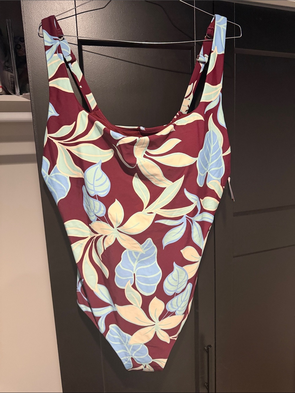 Shade & Shore Burgundy One-Piece Swimsuit with Light Blue and Cream Leaf Print